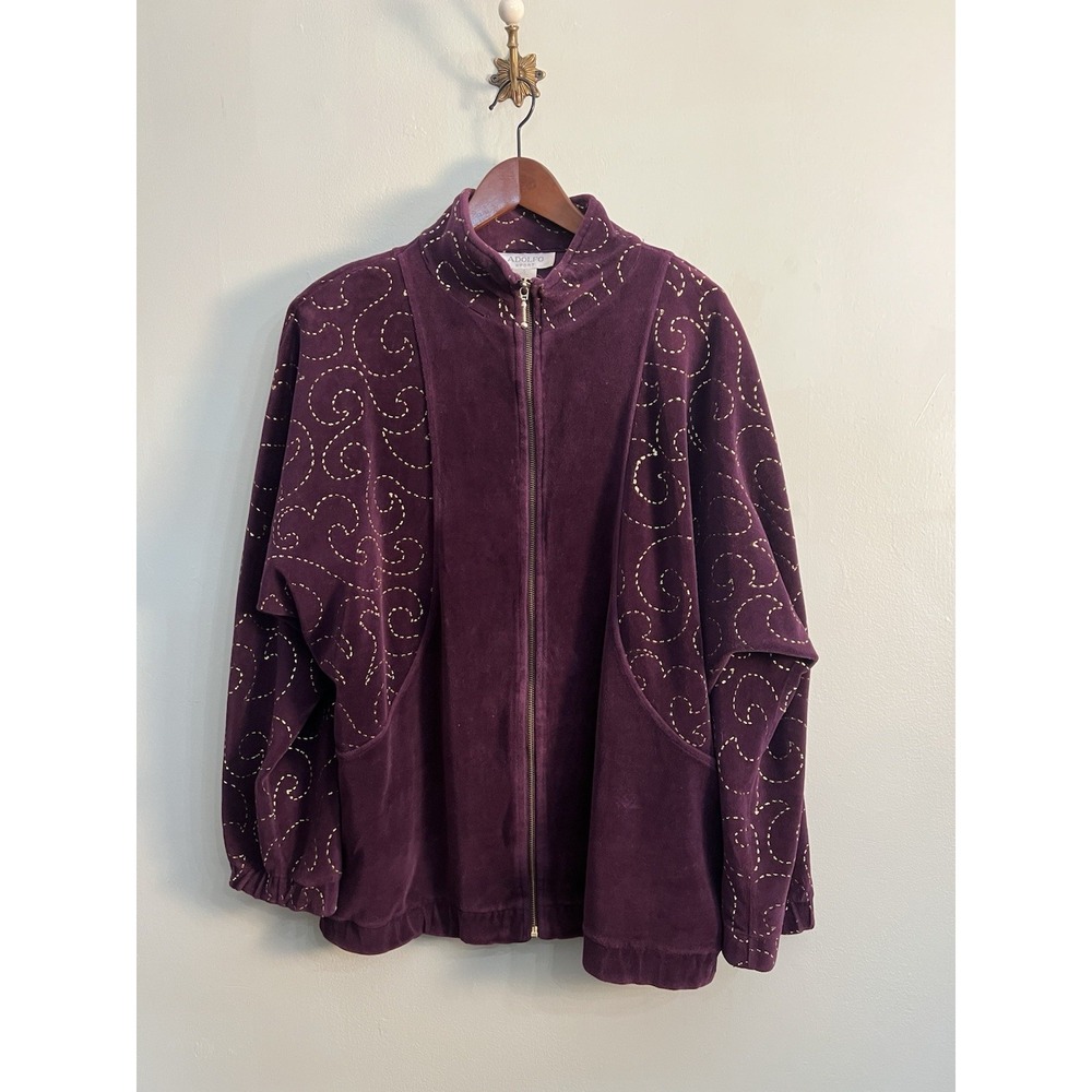 Vintage Adolfo Sport Purple Velour Butterfly Sleeve Zip Jacket Size Large